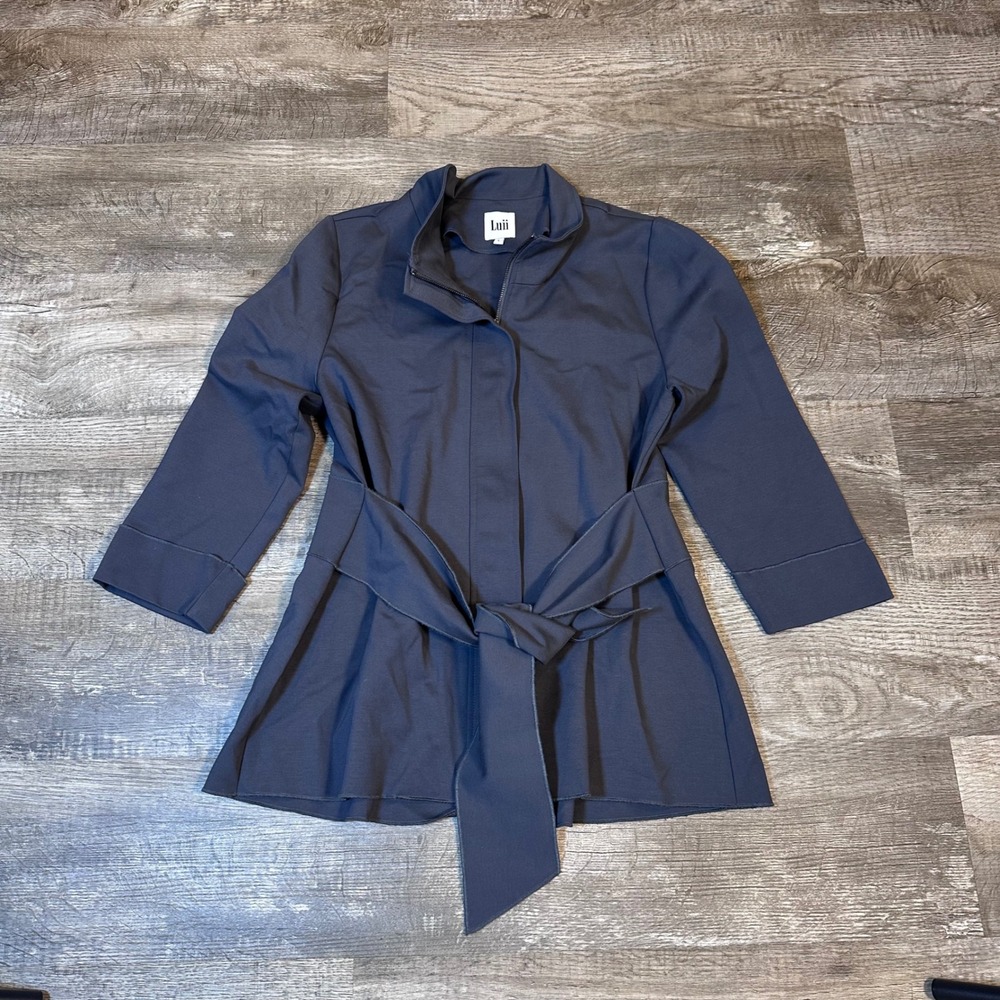 Luii Womens Charcoal Gray Belted Mock Neck Fit & Flare Zip Jacket Size L